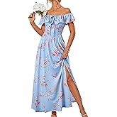 GRACE KARIN 2025 Womens Maxi Dresses Summer Off Shoulder Floral Dress Ruffle Split Beach Flowy Boho Wedding Guest Dress
