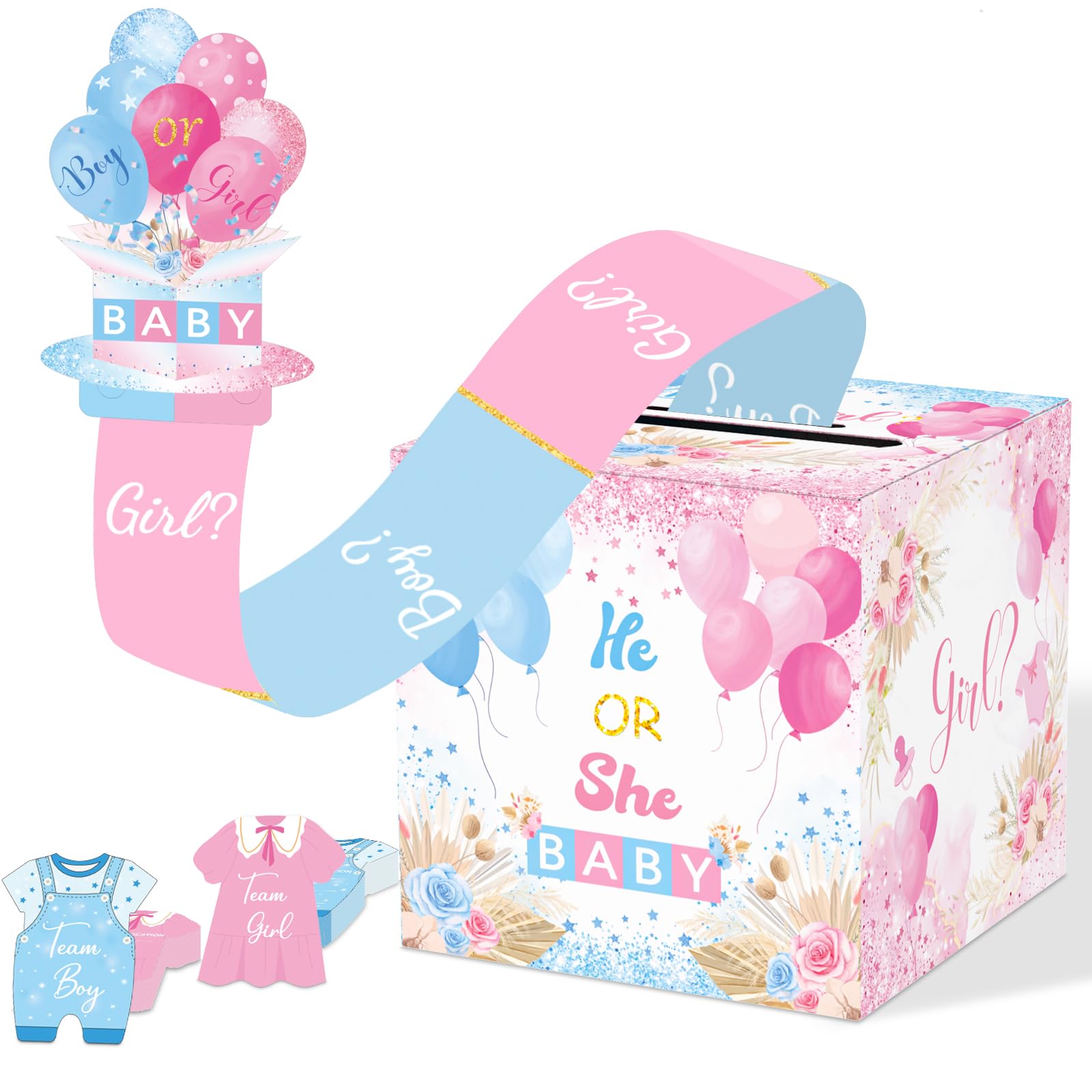 Photo 1 of JCTHKUKU Baby Gender Reveal Pull Out Game with 50 Ballot Cards, Boho Voting Box for Boy or Girl Baby Gender Reveal Ideas Kit Pink and Blue Baby Shower Party Supplies