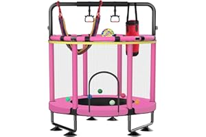 JO BULIDERSHRS Trampoline for Kids, Upgrade Full Anti-Rust 440lbs Indoor Outdoor Toddler Trampoline with Net, 55" Adjustable Baby Toddler Trampolines Accessories with 8 Toys Dart Board