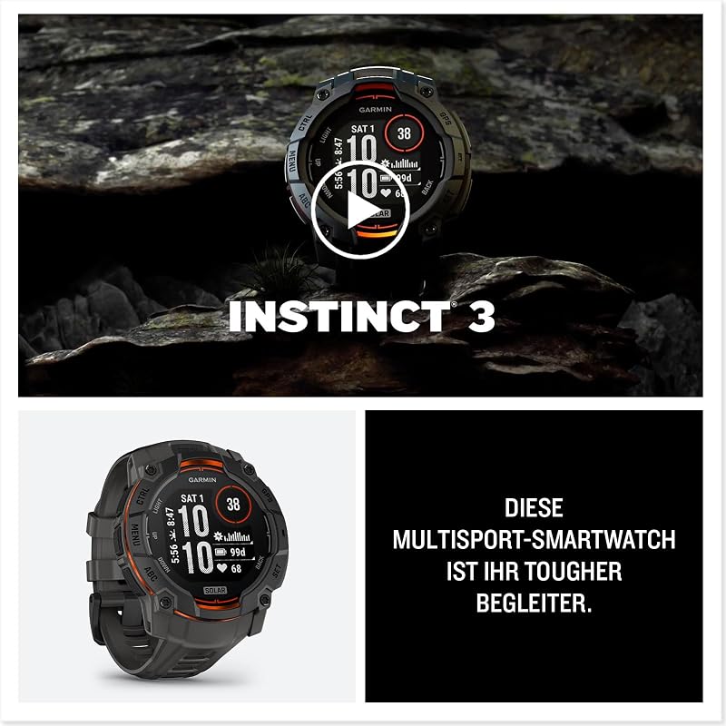 Instinct 3 50mm SOLAR – GPS-Multisport-Smartwatch, 1,1" Display, bis zu 40 Tage Akkulaufzeit, 80+ Sport-Apps, Navigationsfunktion, smarte Features, LED-Taschenlampe, wasserdicht