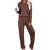 ANRABESS Women's 2 Piece Lounge Pajama Sets Ribbed Knit Long Sleeve Hoodies Tops Matching Pants Casual Fall Sleepwear Outfits