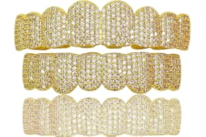 IUODEN Diamond Grills for Your Teeth 14K Gold Plated Iced Out Mouth 8 Teeth Grillz Top Bottom Tooth Caps Hip Hop Bling Gold Silver Grill for Halloween Costume Cosplay Men Women Jewelry