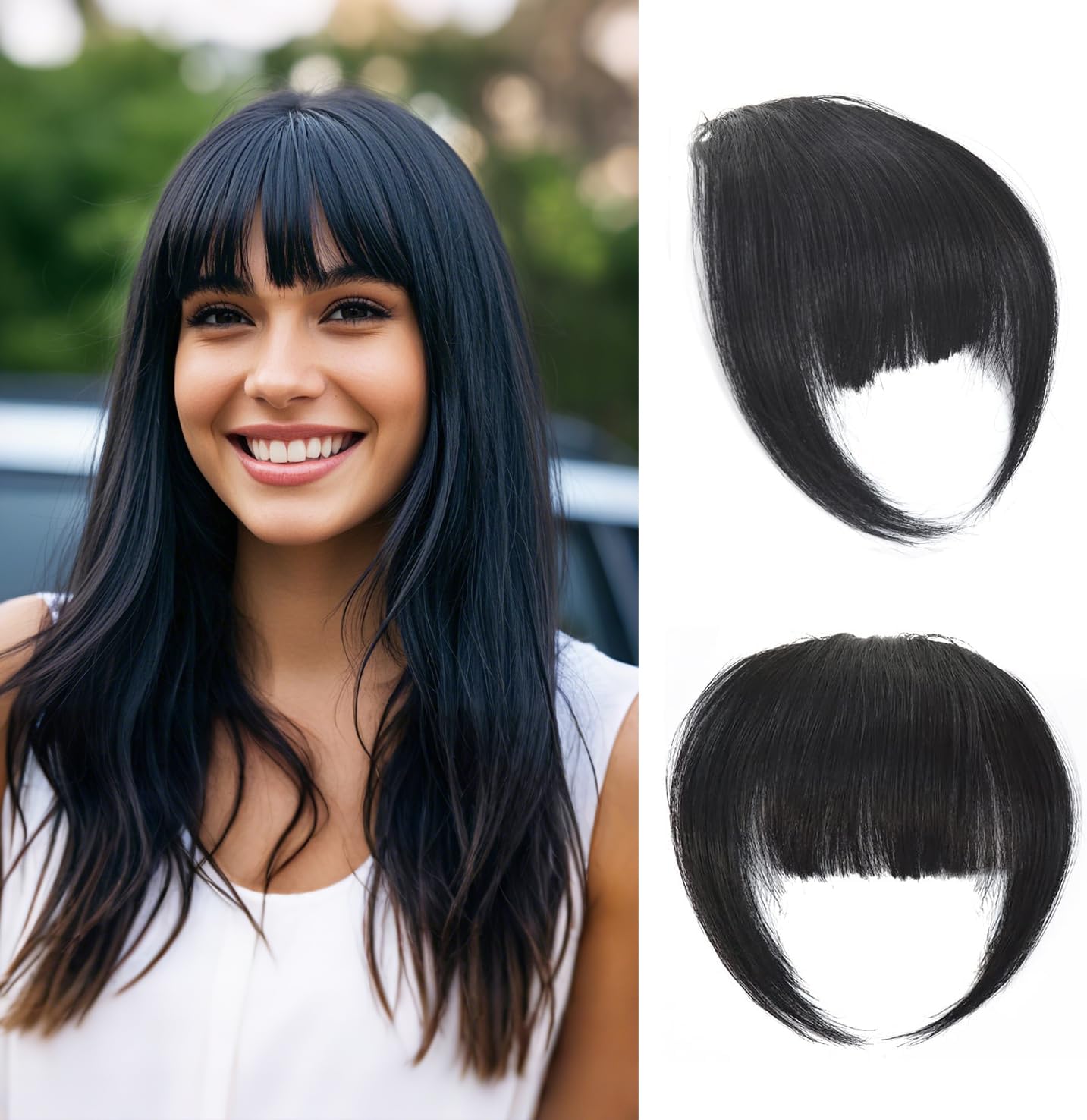 Clip in Bangs 100% Human Hair in Hair extensions Fringe with Temples Clip Hairpieces for Party and Daily Wear（French Bangs,Natural Black）