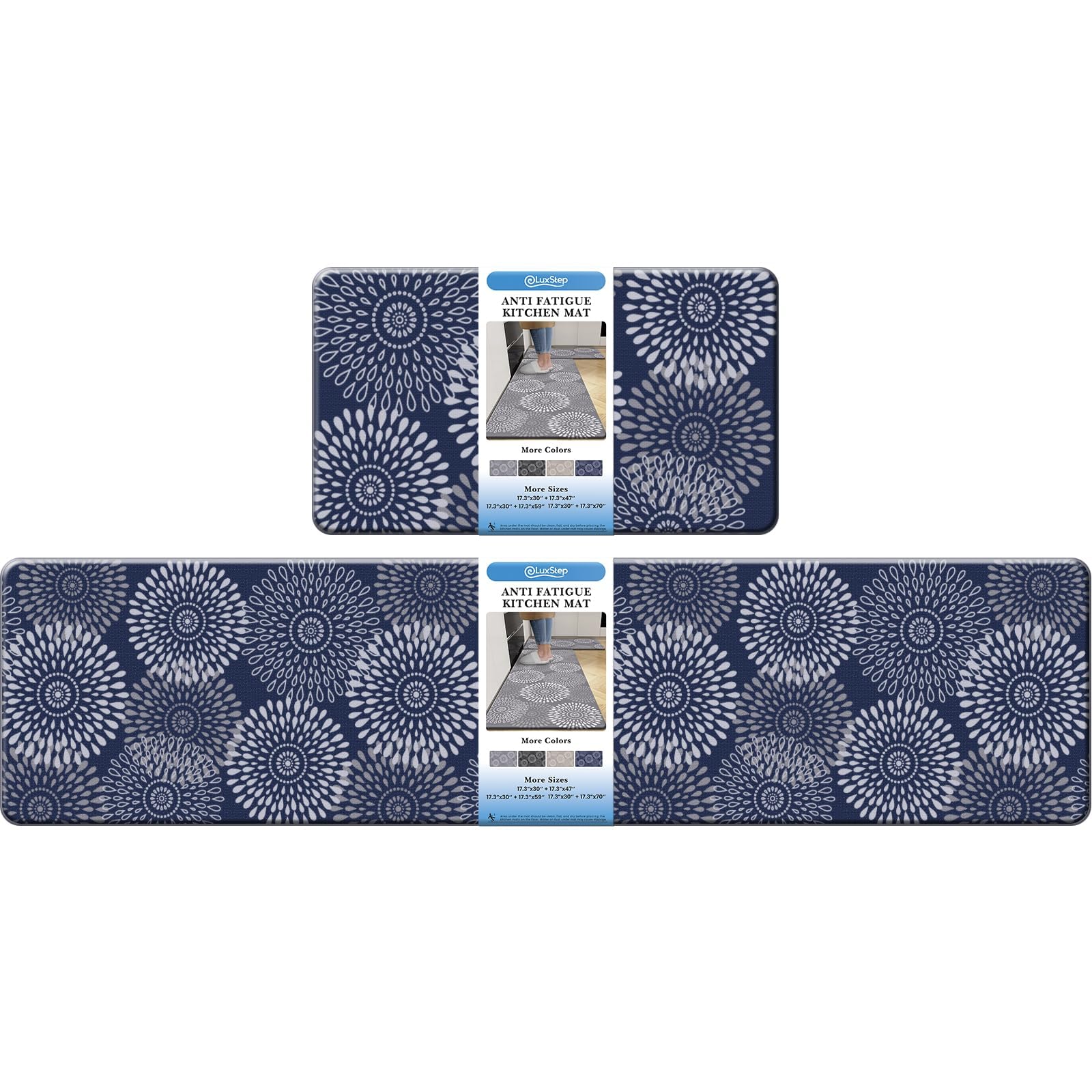 LuxStep Kitchen Mat Cushioned Rugs Anti-Fatigue Mats for Kitchen Floor,Waterproof Non-Slip Mats and Rugs Set for Office,Floor,Laundry 17.3"×30"+17.3"×70",Blue Image