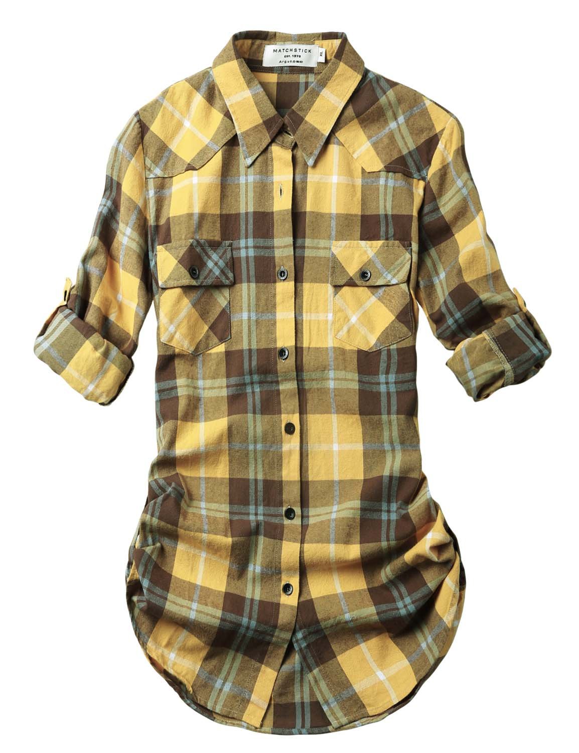 Match Womens Button Down Flannel Plaid Shirts roll