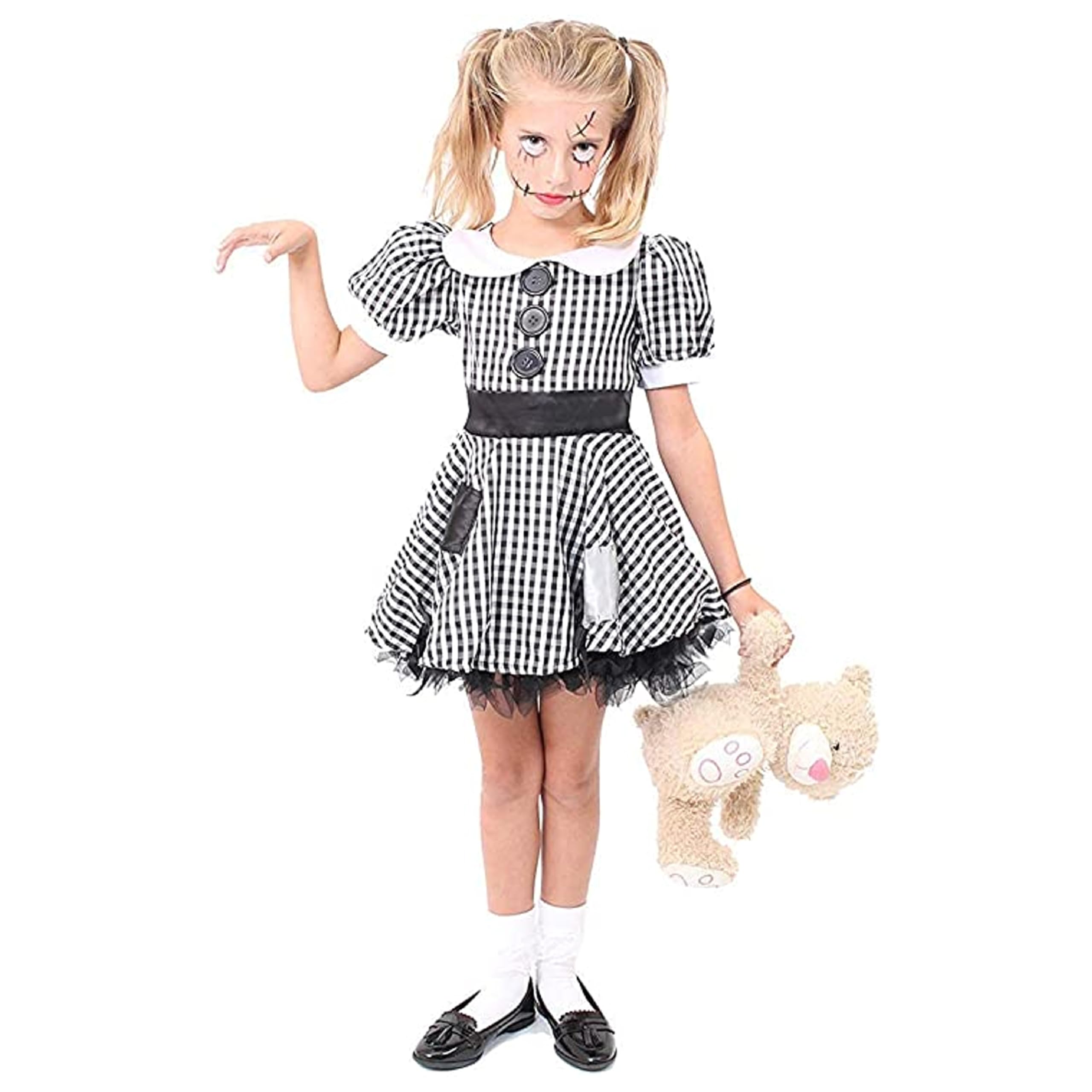Girls Creepy Doll Fancy Dress Costume - Black and White Checked Dress With Frayed Hem and Patches - Scary Halloween Broken Ragdoll China Doll Costume (X-Large)