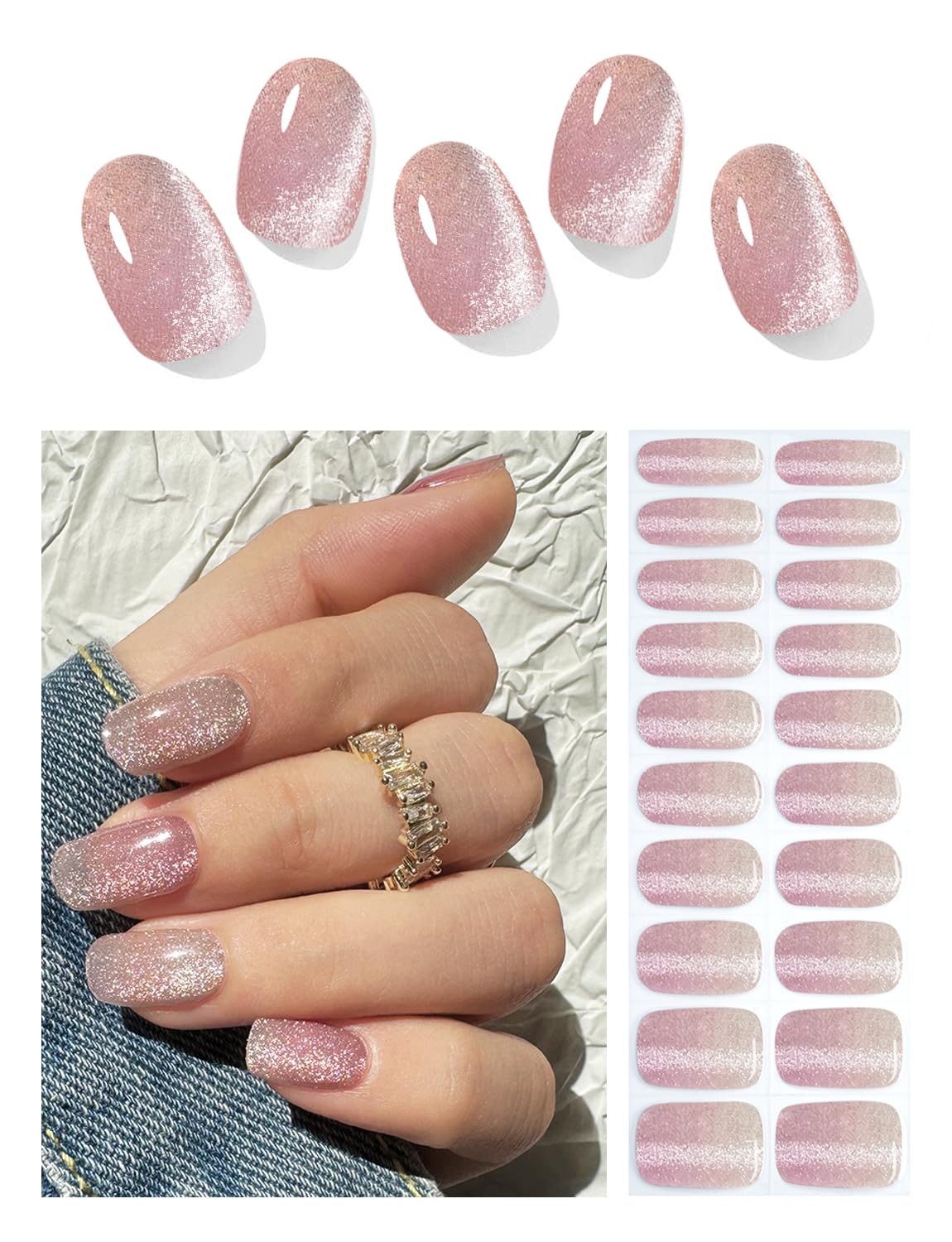 Semi Cured Gel Nail Strips, Nude Cat Eye Gradient 20pcs Sticker, Nail Wraps UV for Home Nails DIY