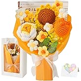 Crochet Flowers Sunflower Decor Gifts for Women Crochet Flower Bouquet Graduation Gifts Tulips Fake Forever Flower Table Decor for Home,Birthday Gift for Women Wife Friends Kids (Gift Card and Bag)