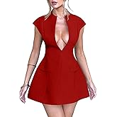YMDUCH Women's Sexy Deep V Neck Cap Sleeve A-line Mini Club Party Dress