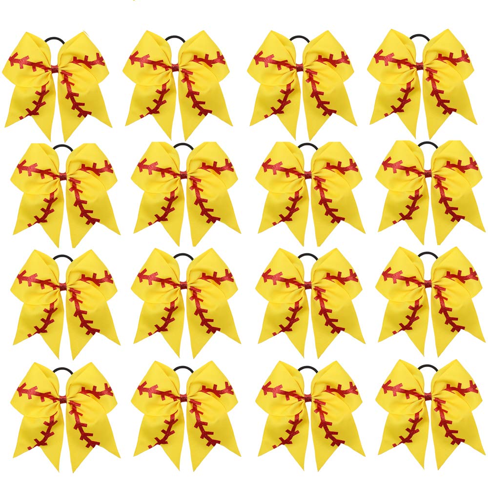 Photo 1 of 16PCS 8" Large Cheer Hair Bows Ponytail Holder Elastic Band Handmade for Cheerleading Teen Girls College Sports (16 Pcs) (Baseball Yellow)