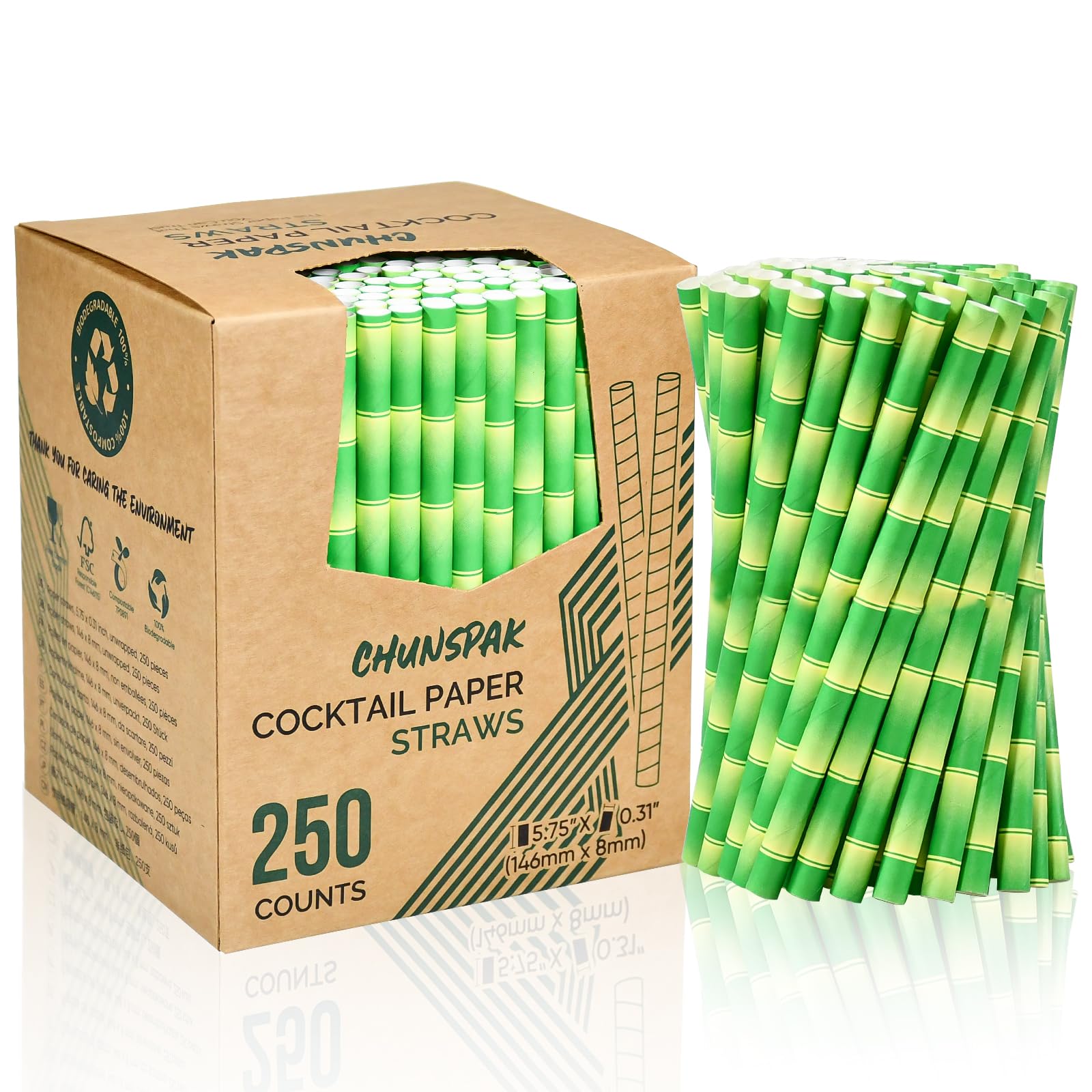 Biodegradable Green Bamboo Paper Drinking Straws 14.6cm x 8mm Wide - Pack of 250 - For Short Drinks, Cocktails, Smoothies, Milkshakes