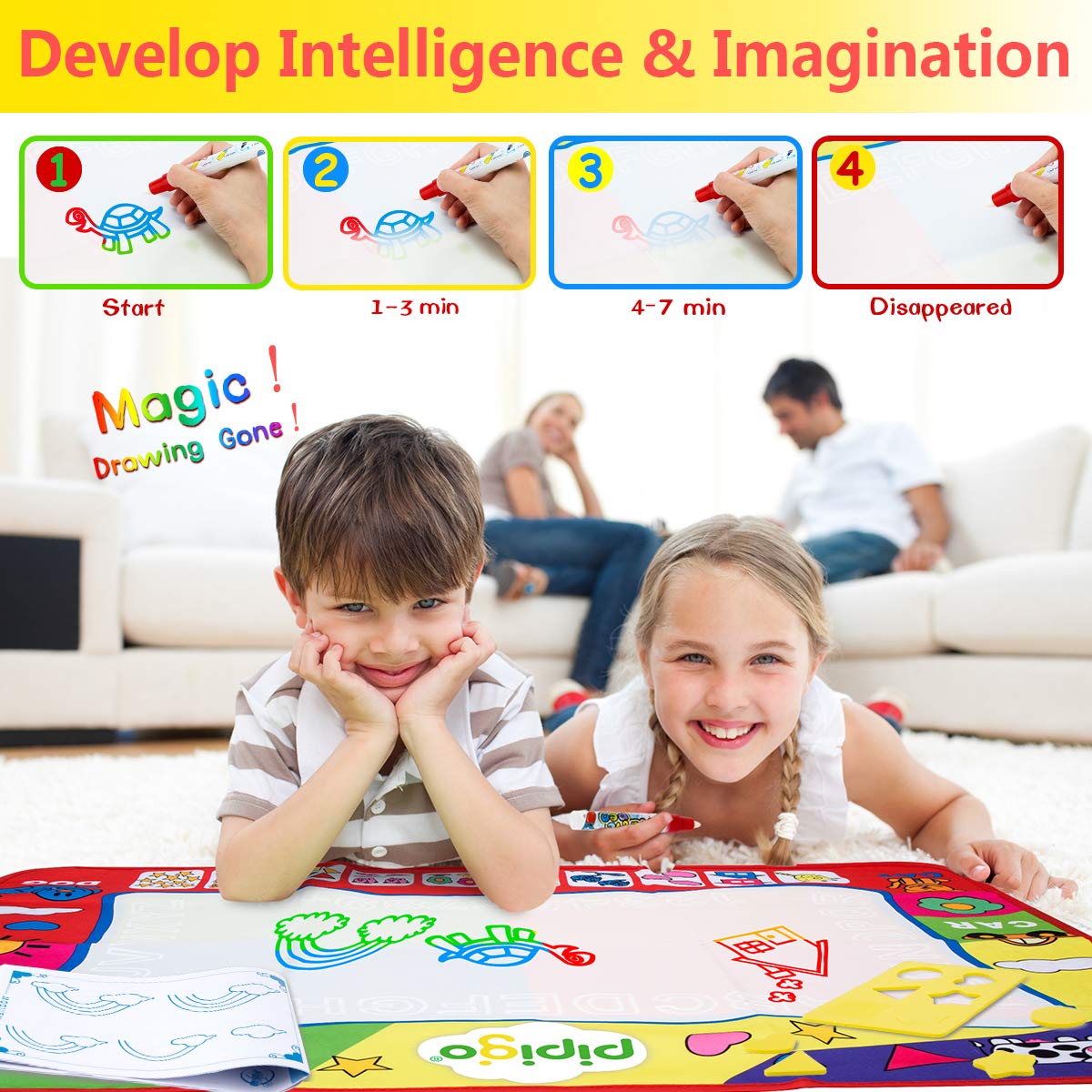 Magic Water Doodle Mats Water Drawing Mat Large 32x24in Painting Pad with 4 Pens 6 Molds Learning Educational Toddler Toys Toddler Gifts for Girls Boys Age 2 3 4 5+ Year Old Girl Gifts Boy Gifts