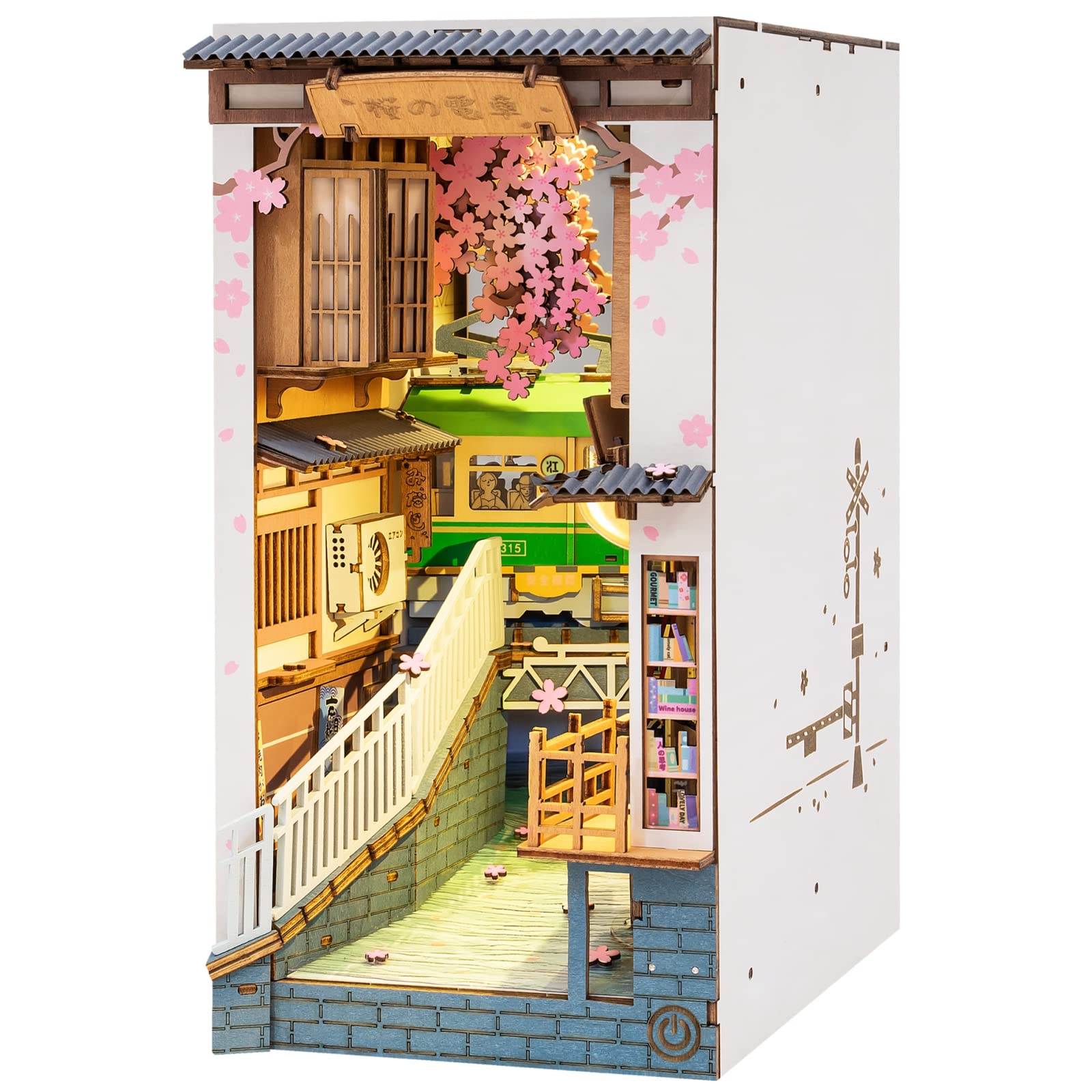 ROBOTIME Wooden Book Nook Dollhouse Kit,DIY Wall Hanging Miniature Room, Puzzle House Model Building Kits with LED Lights, Home, Bookshelf Decor (Sakura Densya)