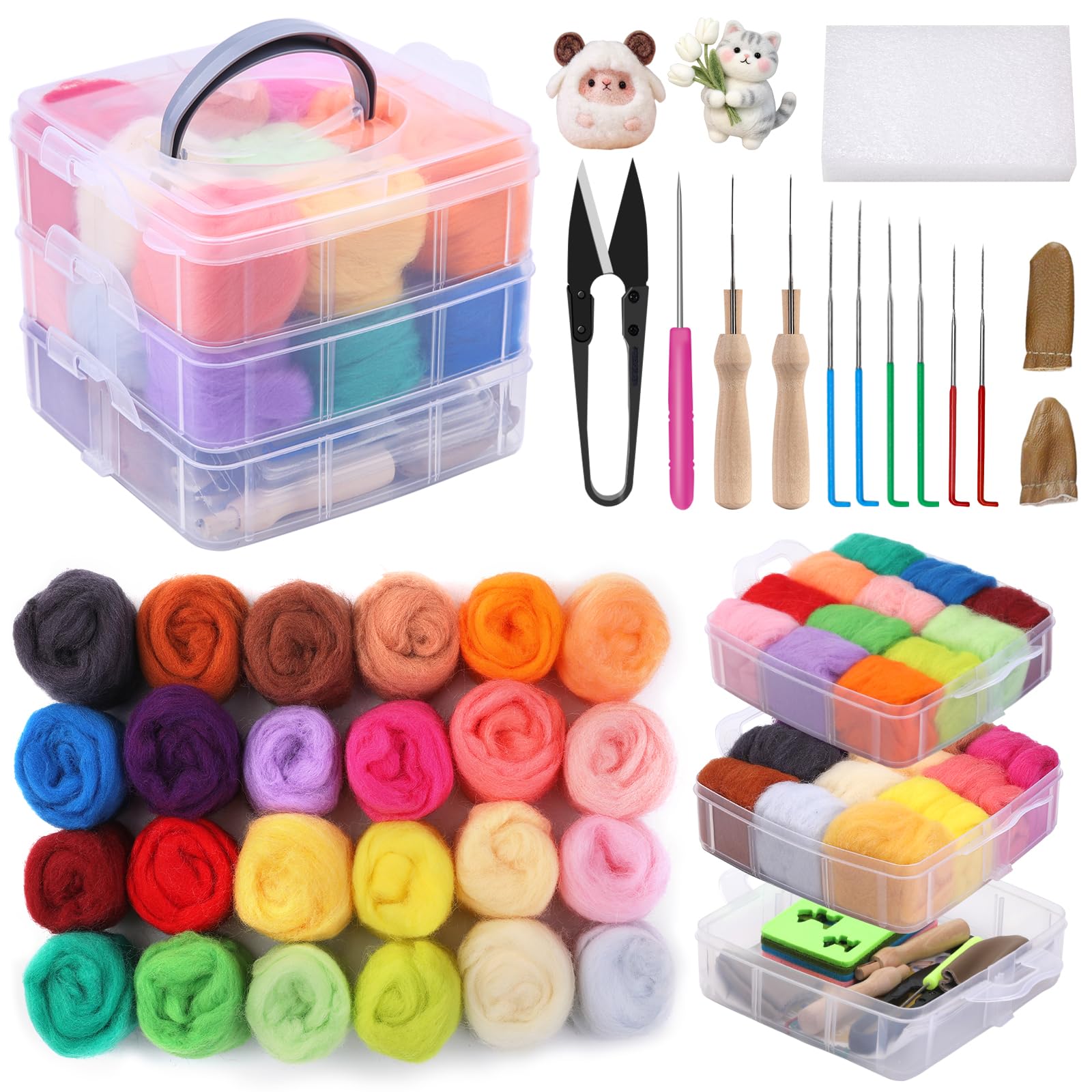 Qzma Needle Felting Kit, Needle Felting Kits for Beginners, 24 Colors Wool Roving, Complete Needle Felting Set with Basic Felt Tools Included for Felted Animal Needle Felting Supplies