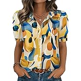 Zeagoo Women Button Down Shirts Puff Short Sleeve Blouses Chiffon Tops Business Casual Outfits Summer Clothes
