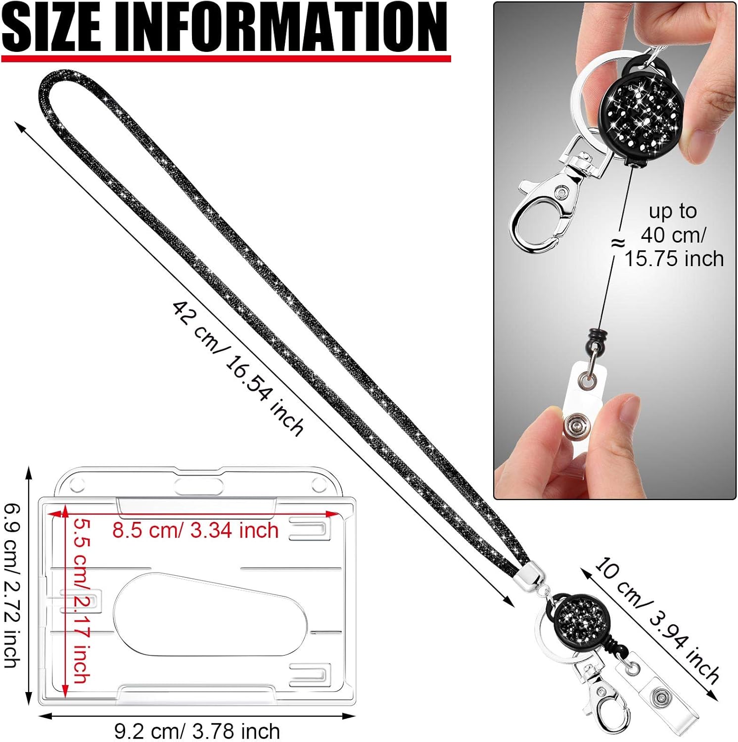 Frienda Crystal Lanyard Necklace with Transparent ID Card Holder Keyring, Black - Image 3