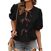 Falechay Womens Summer Tops Bowknot Puff Short Sleeve Blouses Dressy Casual Cute Babydoll Flowy Peplum Shirt for Women
