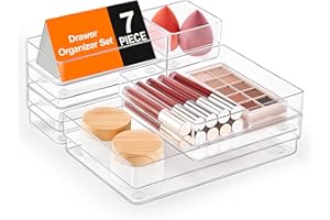 SMARTAKE 7-Piece Drawer Organizer with Non-Slip Silicone Pads, 4-Size Desk Drawer Organizer Trays Storage Tray for Makeup, Jewelries, Utensils in Bedroom Dresser, Office and Kitchen (Clear)