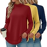 Oakgarden 3 Pack Women's Turtleneck Sweatshirts, Long Sleeve Cotton Shirts Curved Hem Pullover Tees Tunic Casual Winter Tops