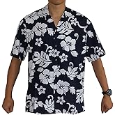 Made in Hawaii! Men's Hibiscus Flower Classic Hawaiian Shirt Collection (M, Navy/White)