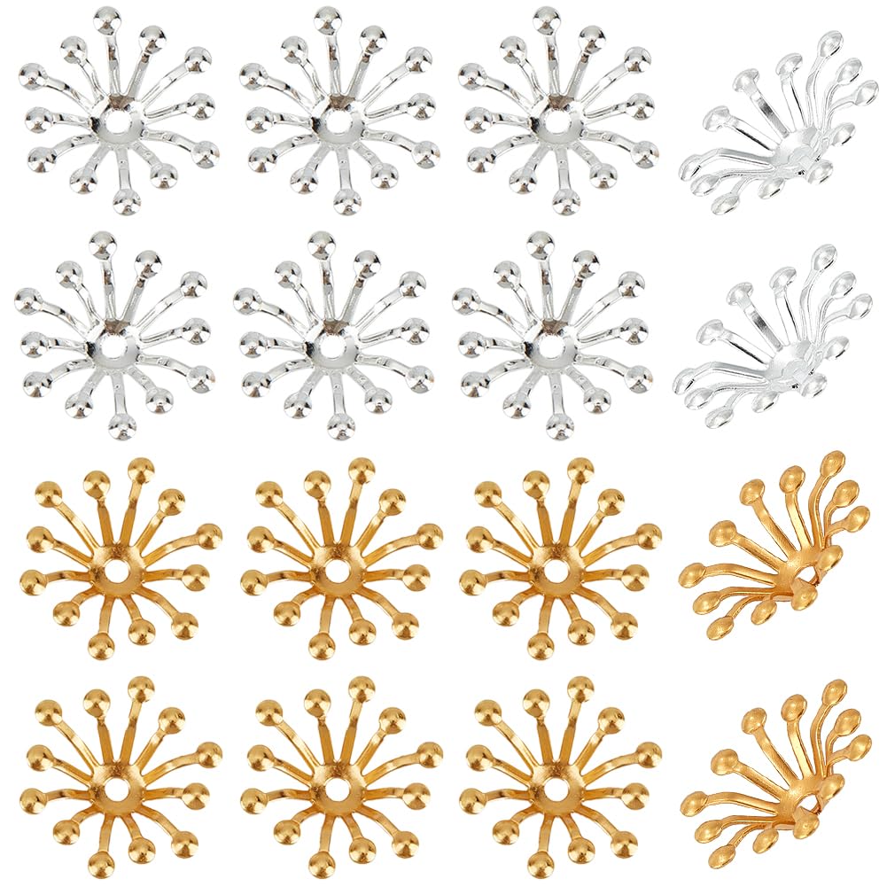 SUNNYCLUE 1 Box 200Pcs Bead End Caps Flower Stamen Filigree Beads End Caps 3D Golden Silver Brass Flower Spacer End Cap Metal Multi-Petal Bead Caps for jewellery Making DIY Earrings Necklace Supplies