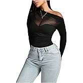 Milumia Women's Ruched One Shoulder Bodysuit Sheer Long Sleeve Fitted Leotards Tops