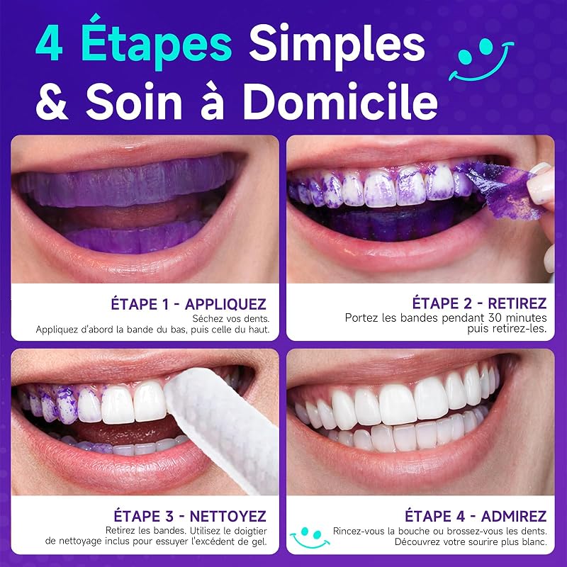 Bande Blanchiment Dentaire Violet, Bandes Blanchissantes pour Dents: 14 Bandes Violettes 7 Paires, Résultat Rapide, Élimine Taches Café/Thé/Vin/Cigarette, Idéal avant un Événement, Sûr pour l'Émail — photo 6 sur 8
