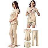 SUNNYBUY 3 PCS Maternity Breastfeeding Pajamas Set, Hidden Nursing Tops, Adjustable Pregnancy Shorts & Pants Postpartum PJS
