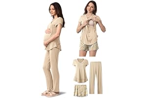 SUNNYBUY 3 PCS Maternity Breastfeeding Pajamas Set, Hidden Nursing Tops, Adjustable Pregnancy Shorts & Pants Postpartum PJS