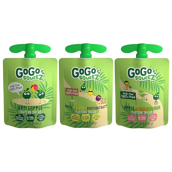 GOGO SQUEEZ APPLESAUCE AND FRUIT PUREE VARIETY PACK, APPLE, MANGO GUAVA & PINEAPPLE PASSIONFRUIT, 3.2 OZ (PACK OF 20), UNSWEETENED FRUIT SNACKS FOR KIDS, NO GLUTEN, NUT & DAIRY, BPA FREE POUCHES