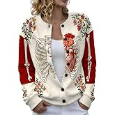 Halloween Sweaters for Women Knit Cardigan Long Sleeve Button‑Up Skeleton Pullover Skull Sweater 2026 Gothic Costumes