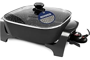 Elite Gourmet Deep Dish 12” x 12" x 3.15", Rapid Heat Up, Dishwasher Safe, 1200W Non-stick Electric Skillet with Tempered Gla