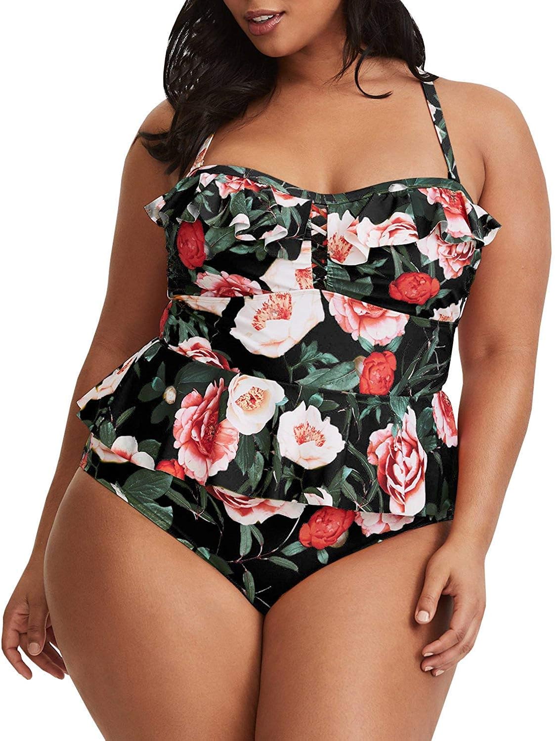 Misassy Womens Plus Size Swimwear Floral Print Ruffle Peplum 2 Piece Swimsuits Straps Backless Bikini Bathing Suits
