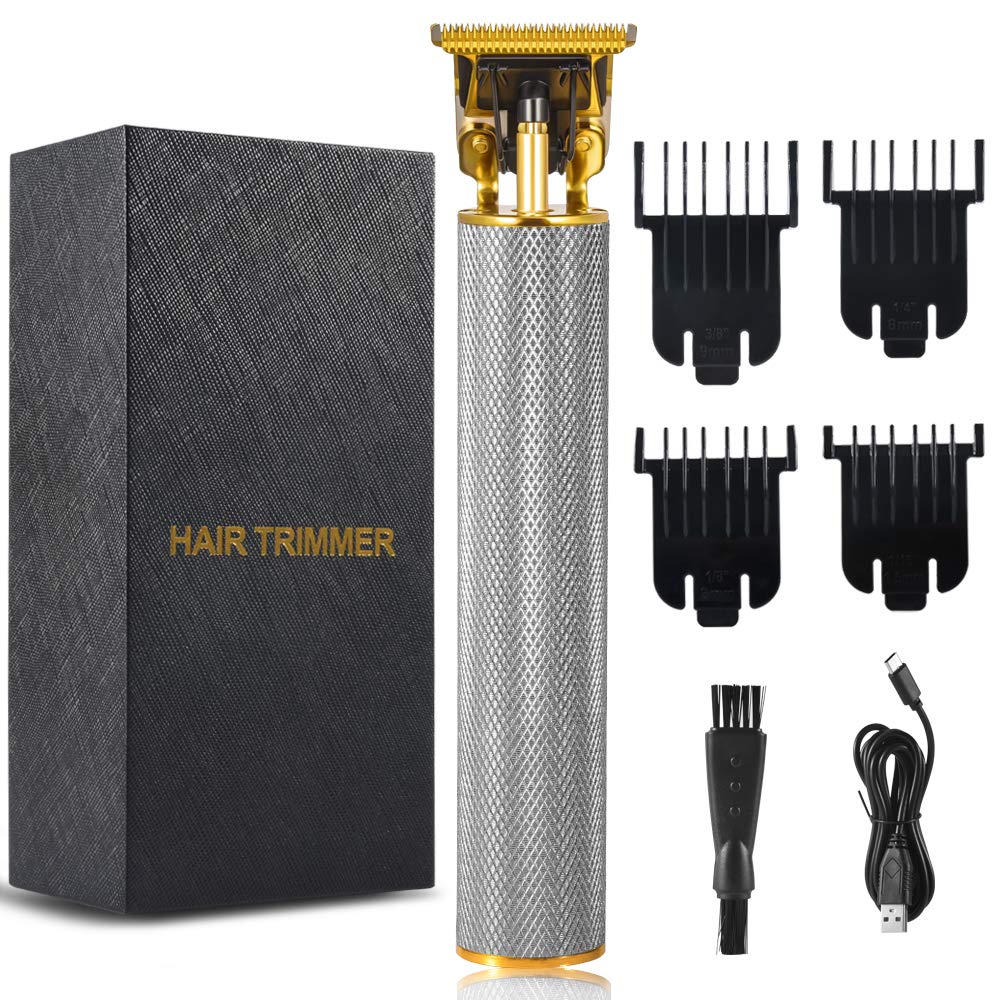 Electric Pro Hair Clippers T-Blade Trimmer for Men Cordless Rechargeable Grooming Kits Close Cutting 0/1.5/3/6/9 mm Baldheaded Hair Clippers Zero Gapped Detail Beard Shaver (Silver)