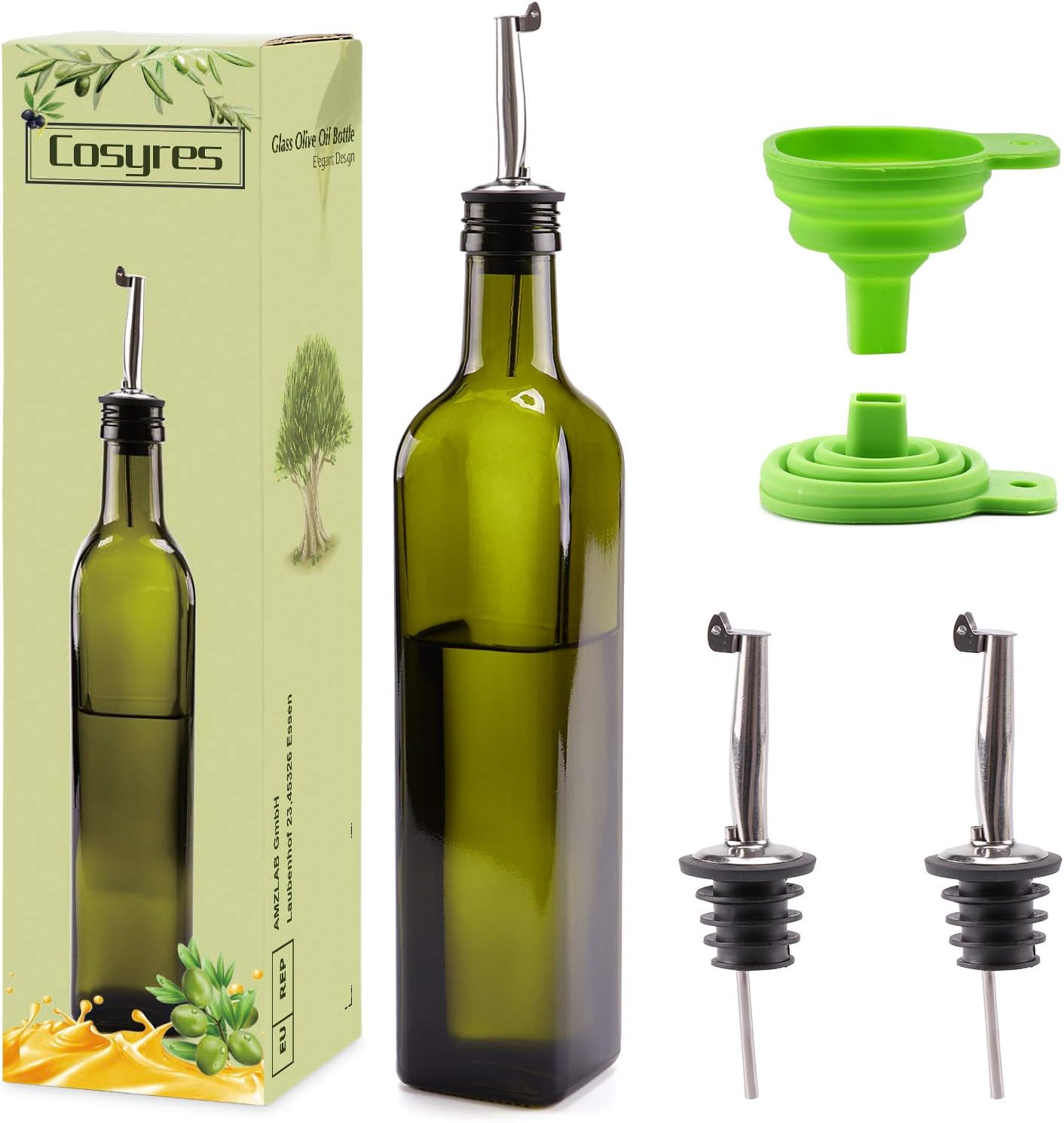 Cosyres 17oz Olive Oil Dispenser for Kitchen, 500ml Glass Olive Oil Bottle Vinegar Cruets with Spout and Funnel Dark Green