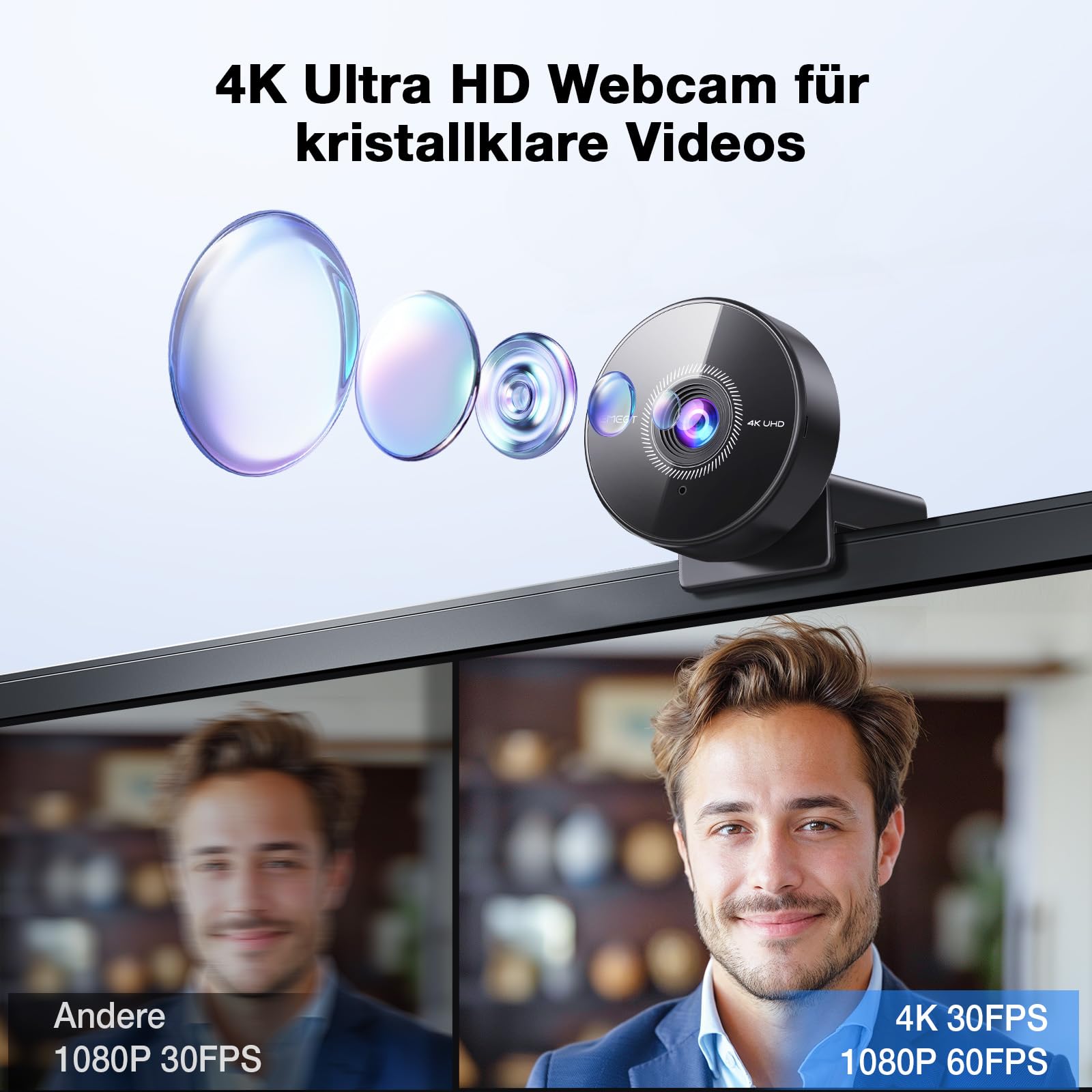 EMEET C950 4K Webcam für PC, 8 Megapixel 4K UHD, PDAF-Autofokus, Mikrofon mit Geräuschunterdrückung, 73° FOV, 1080P@60FPS, Sichtschutz, USB 2.0 Plug&Play, Webcam Ideale für Zoom/Teams 2