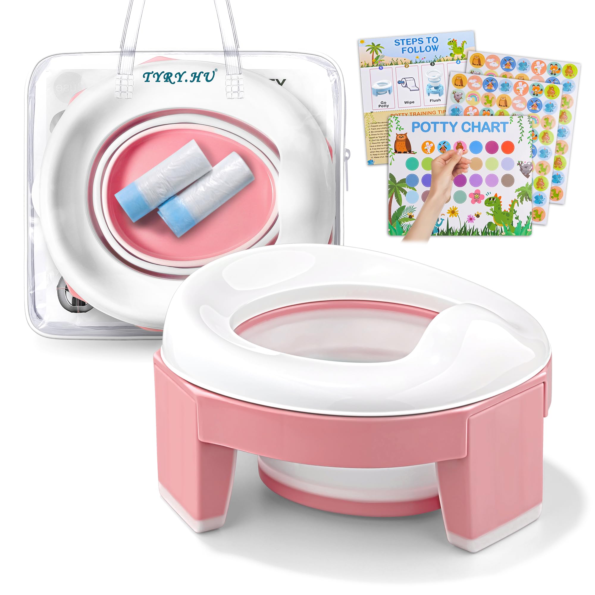 Potty Training Toilet Seat 3-in-1 Portable Travel Potty for Toddlers Foldable WC Baby Trainer Ring Seats Detachable Reusable Liners Suitable for Kids Boys Girls with Travel Bag（Pink