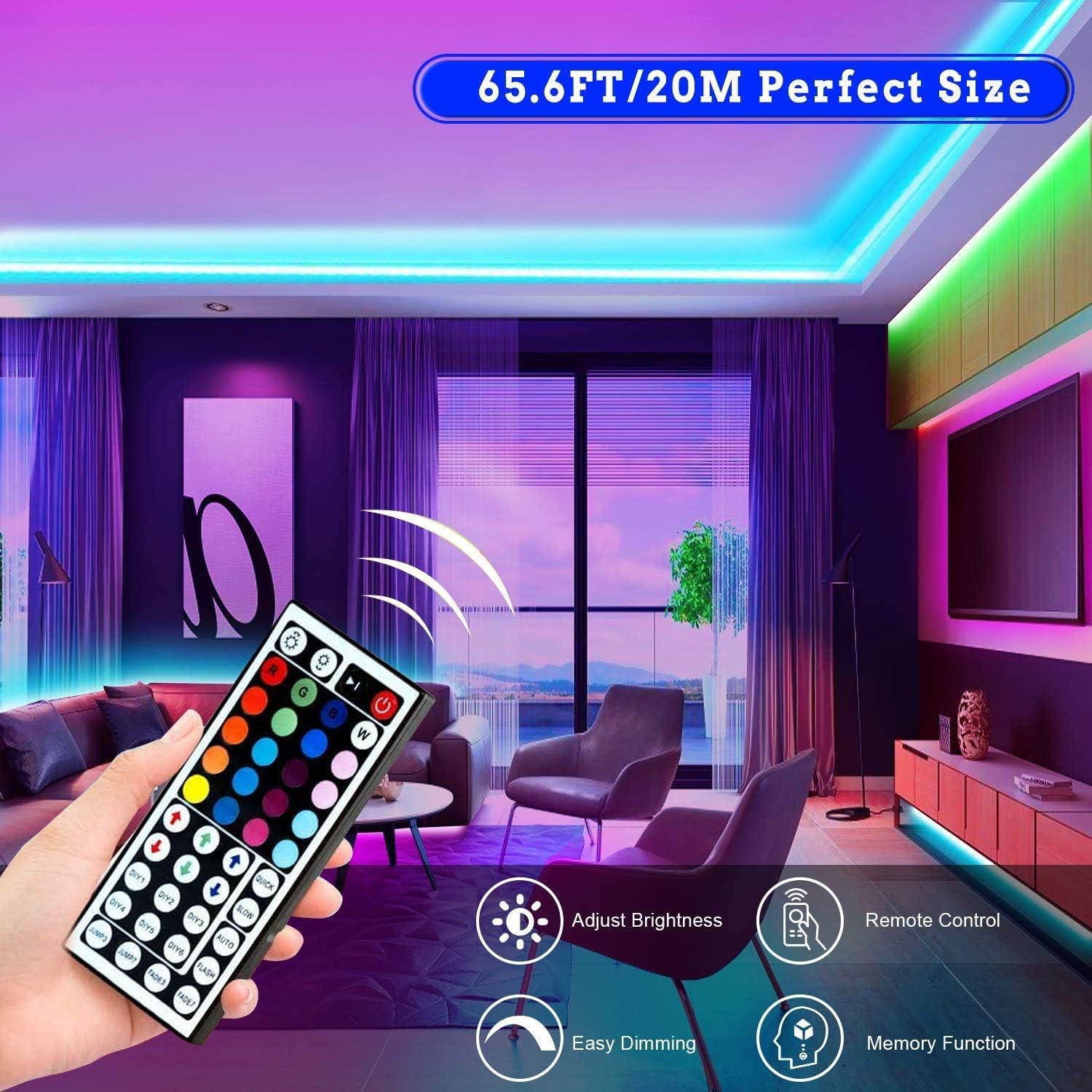 Tenmiro 65.6ft Led Strip Lights, Ultra Long RGB 5050 Color Changing LED Light Strips Kit with 44 Keys Ir Remote Led Lights for Bedroom, Kitchen, Home Decoration: Home Improvement