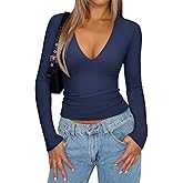 REORIA Women's Sexy Plunge Deep V Neck Long Sleeve Basic T Shirts Trendy Slim Fit Lightweight Y2K Going Out Crop Tops