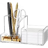 HBlife Acrylic Pen Holder for Desk, 3-Compartment Small Desk Organizer, Clear Office Supplies Desk Accessories with Sticky Notes Holder Stores Post It Notes 3X3 for Office, Home and School