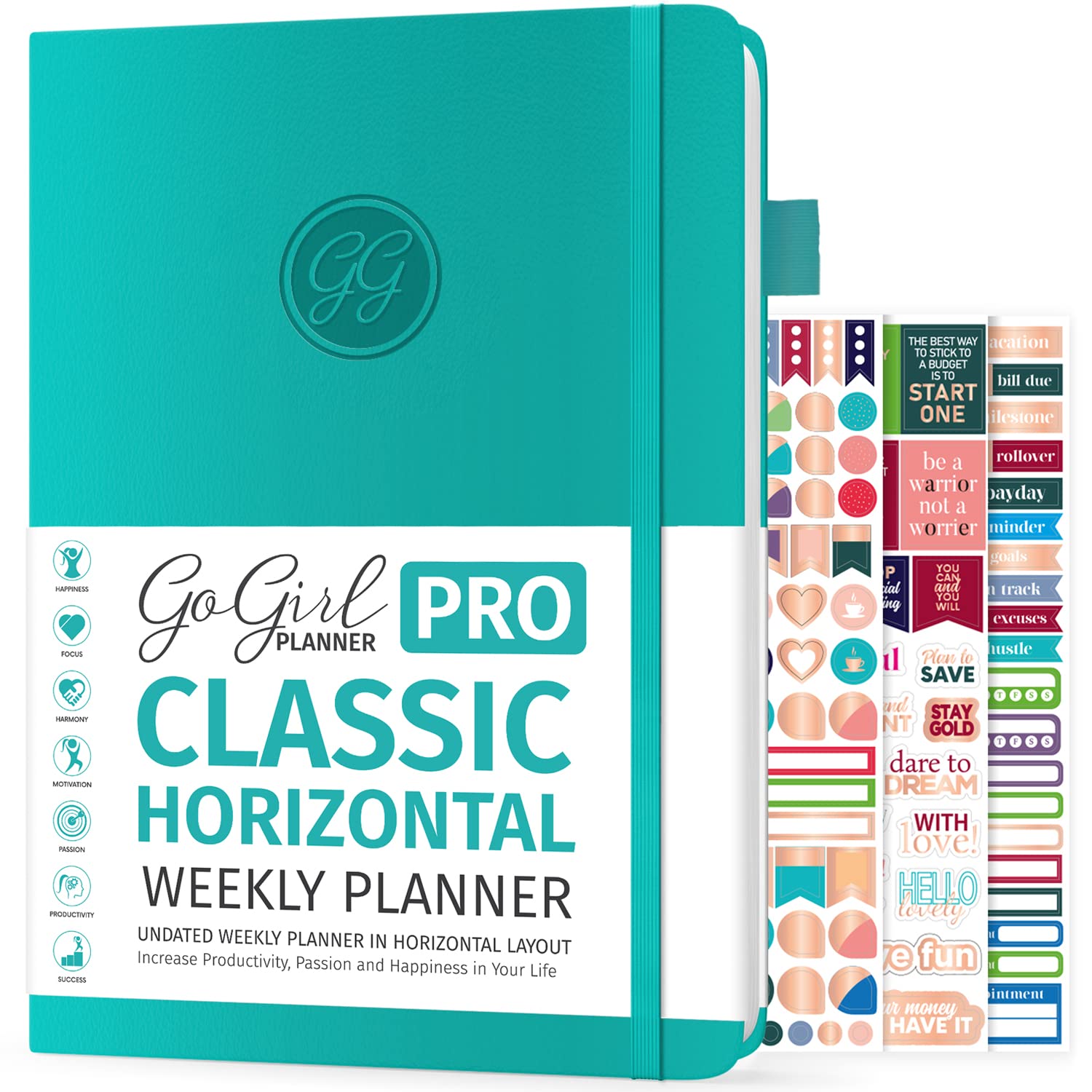 GoGirl Planner PRO - Undated Horizontal Layout Weekly Planner and Organizer + Budgeting and Expense Tracking Pages, Goals Journal & Agenda, 18 x 25.5cm, Hardcover, Lasts 1 Year - Turquoise