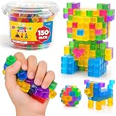 LESONG Mini Sticky Stacking Cubes for Kids: 150 PCS Washable Sensory Building Toy, Soft Squishy 0.39 inch Cubes with Storage Box, Balanced Stickiness for 2D &amp; 3D Building, Translucent Travel Toy