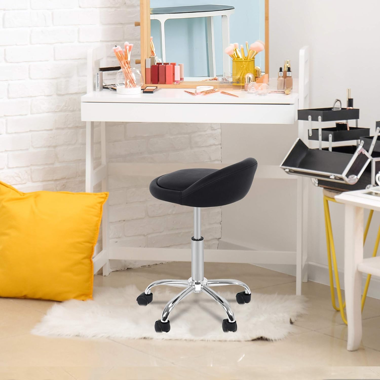 Adjustable Hydraulic Rolling Swivel Stool Chair Salon Tattoo Office Massage Medical Facial Spa Stool Chair with Wheels Backrest PU Cushion (Black): Furniture & Decor