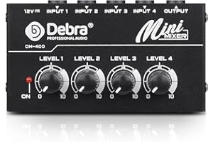 D Debra DH-400 Audio Mixer - 4-Channel Line Mixer for Sub-Mixing, Ultra Low-Noise Mini Mixer for Microphones, Guitars, Bass, Keyboards, and Stage Sub Mixing - Perfect for Small Clubs and Bars (Black)
