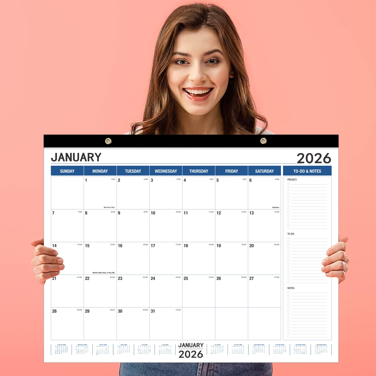 Large Wall Calendar 2026-2027 & Desk Planner 21.96 x 16.96 Inches, January 2026 – June 2027 for Home Office Planning (White & Blue)