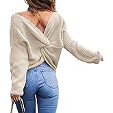 Sexyshine Women's Casual V Neck Criss Cross Backless Long Batwing Sleeve Loose Knitted Sweater Pullovers