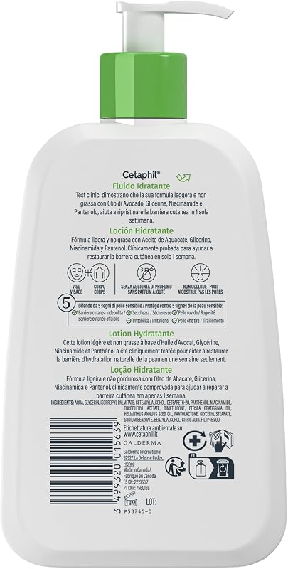 Loción Hidratante para Piel Sensible, Normal a Seca,Hidrata durante 48H, Fórmula ligera con Niacinamida, Pantenol y Glicerina, No Comodogénico, para Rostro y Cuerpo, 237ml