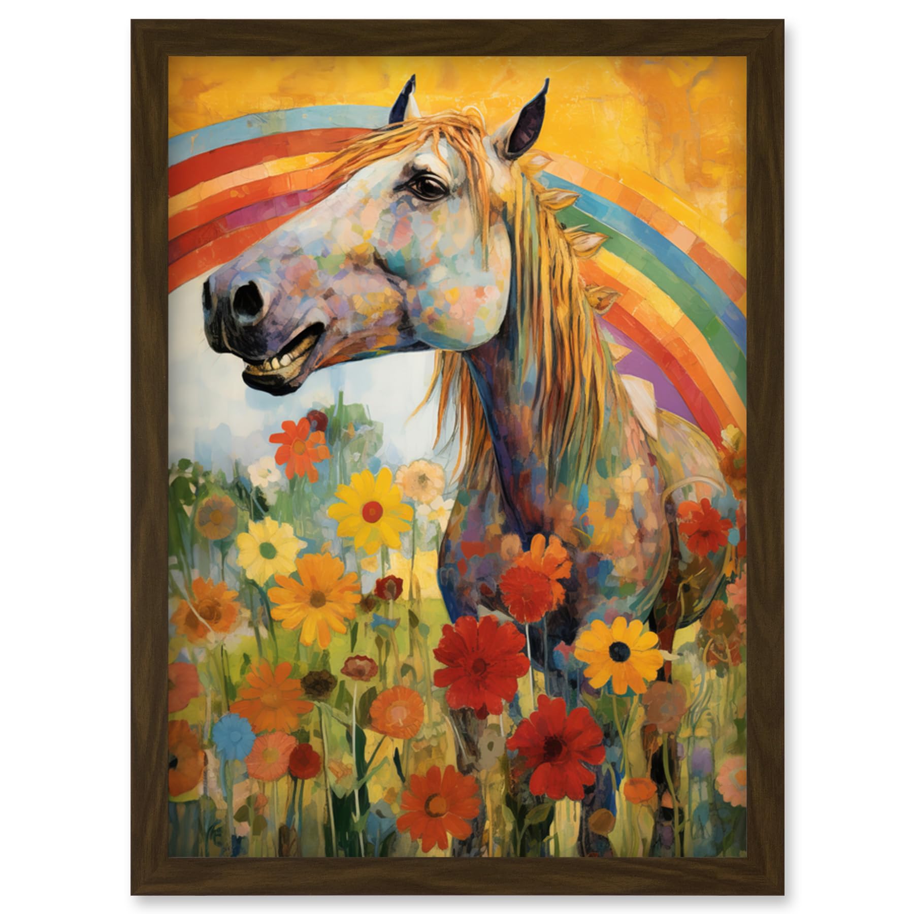 Artery8 Girls Bedroom Nursery Artwork Rainbow Horse With Flowers Bright Colourful Happy Artwork Framed Wall Art Print A4