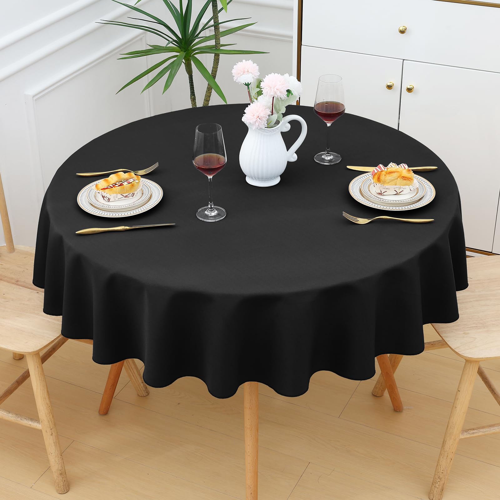 smiry Table Cloth Wipe Clean Round 150 cm, Wipeable Water Resistant Polyester Tablecloth, Washable Fabric 4 to 6 Seater Dining Table Cover for Kitchen Indoor Outdoor, Black