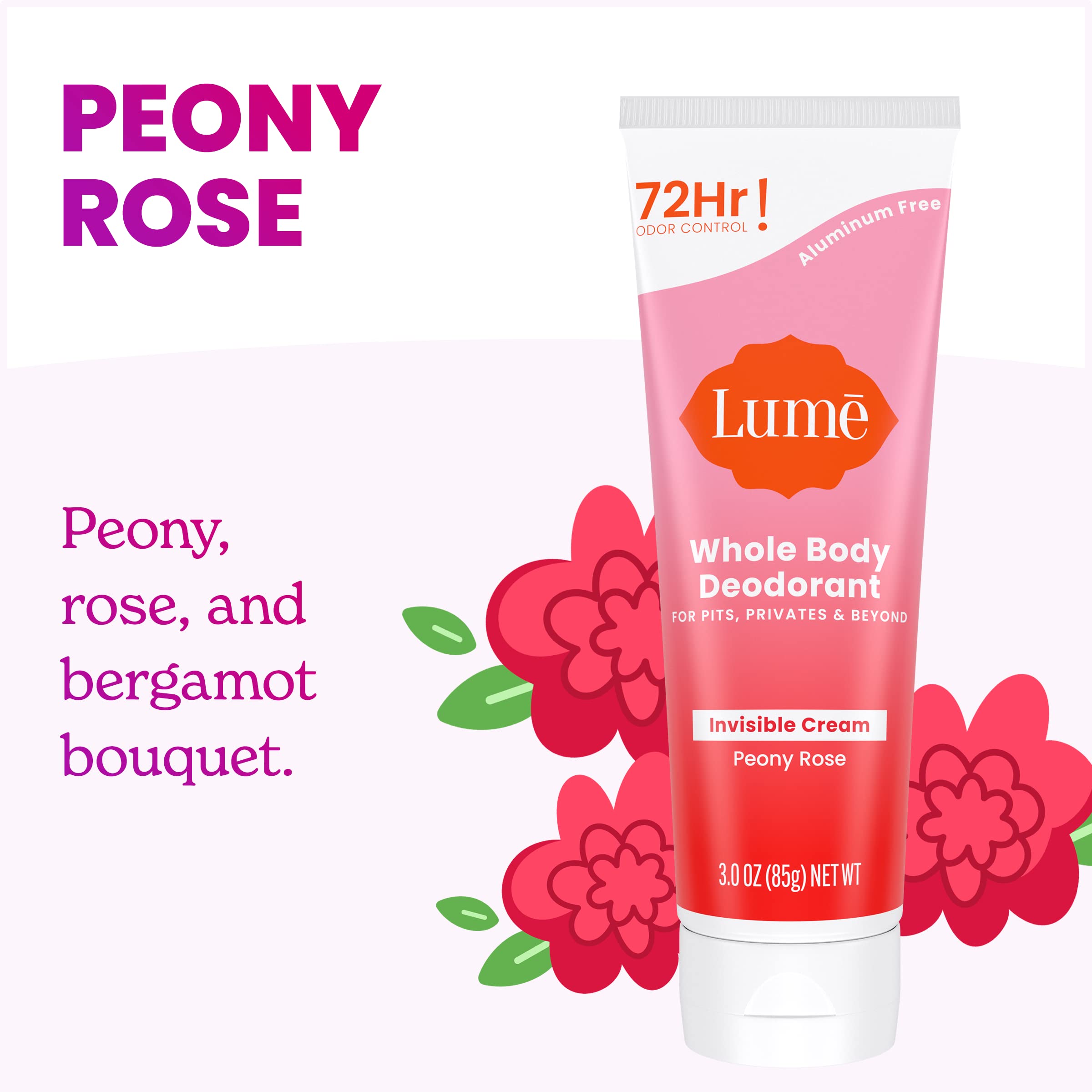 Lume Whole Body Deodorant - Invisible Cream Tube - 72 Hour Odor Control - Aluminum Free, Baking Soda Free, Skin Safe - 3.0 ounce (Peony Rose)